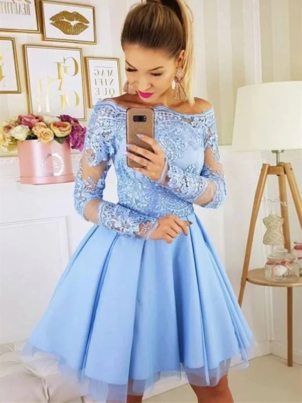 Members Only Light Blue Long Sleeves Lace Short Prom Homecoming Dresses, Long Sleeves Lace Light Blue Formal Graduation Evening Dresses