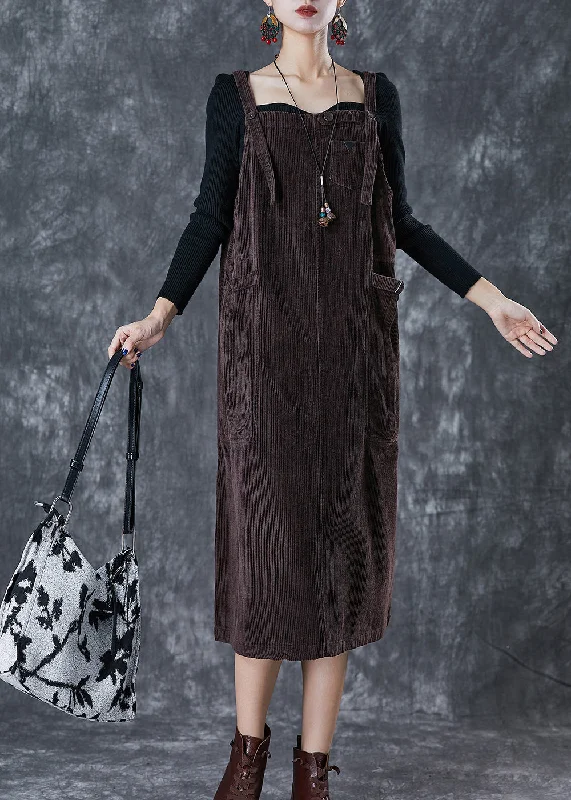 Price Cut Chocolate Corduroy Strap Dress Oversized Pockets Fall