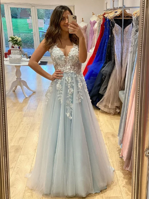 Midnight Sale A Line V Neck Light Blue Lace Floral Long Prom Dresses, 3D Flowers Light Blue Lace Formal Evening Dresses Midnight Sale A Line V Neck Light Blue Lace Floral Long Prom Dresses, 3D Flowers Light Blue Lace Formal Evening Dresses