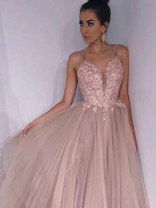 Mega Deal A Line Spaghetti Straps Backless Pink Lace Appliques Champagne Prom Dresses, Lace Champagne Formal Dresses, Champagne Evening Dresses
