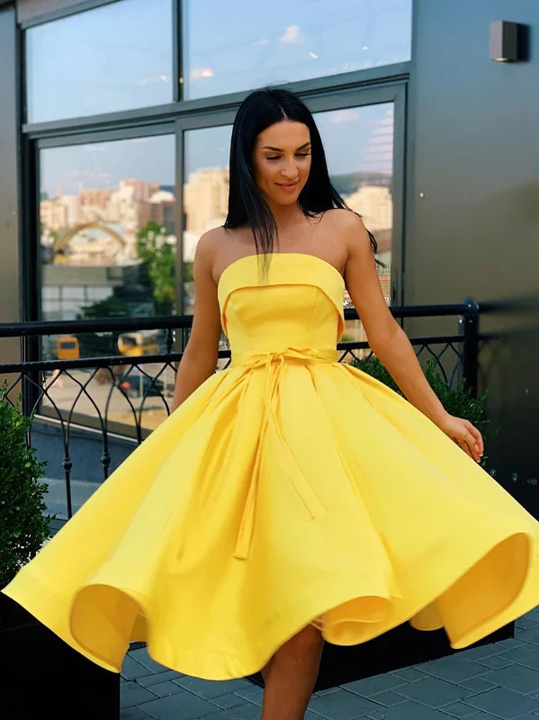 Limited Availability A Line Strapless Short Pink Yellow Prom Dresses, Strapless Short Pink Formal Graduation Homecoming Dresses