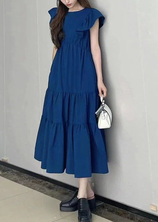 classic fit-and-flare dressclassic fit-and-flare dressArt Navy Slim Fit Patchwork Wrinkled Cotton Long Dress Petal Sleeve