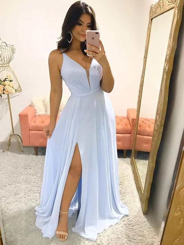 Exclusive Preview V Neck Sky Blue Long Prom Dresses, Sky Blue Long Formal Bridesmaid Dresses