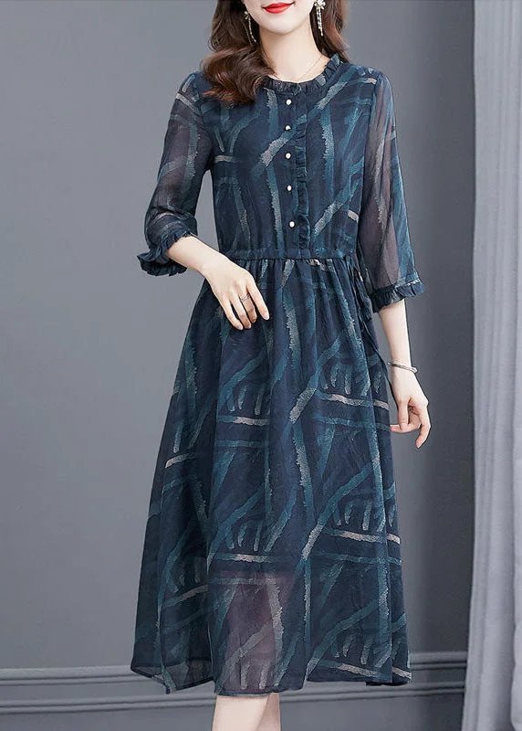 Best Deals French Blue Ruffled Print Chiffon Cinched Dress Bracelet Sleeve