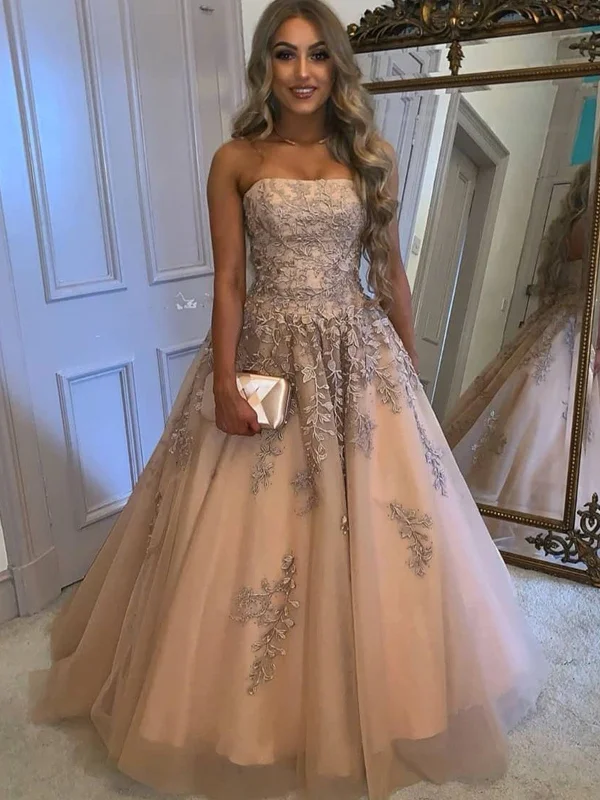 Overstock Strapless Champagne Tulle Lace Long Prom Dresses with Appliques, Champagne Lace Formal Graduation Evening Dresses SP2258