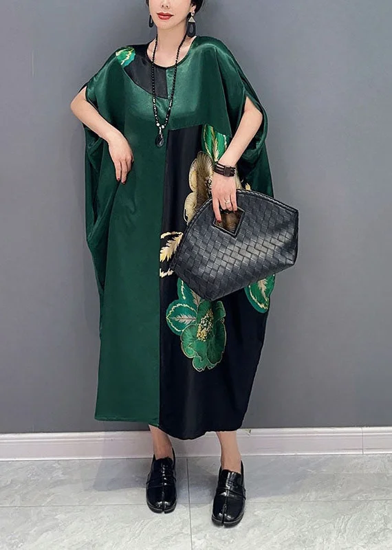 v-neck dressv-neck dressWomen Blackish Green Oversized Patchwork Print Silk Dress Batwing Sleeve