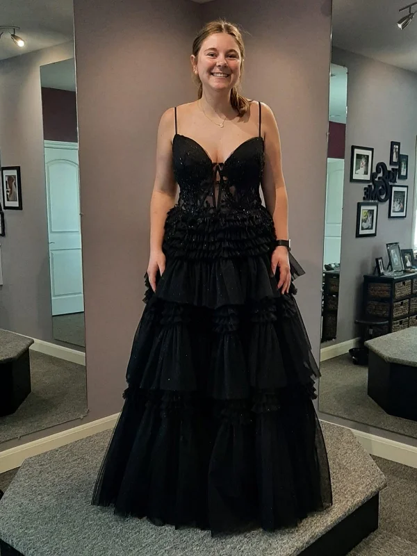 trendy dresstrendy dressA Line V Neck Layered Black Lace Long Prom Dresses, Black Lace Formal Dresses, Black Evening Dresses SP3007