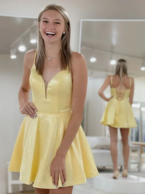 bodycon dressbodycon dressA Line V Neck Yellow Satin Short Prom Dresses, V Neck Yellow Homecoming Dresses, Yellow Formal Graduation Evening Dresses