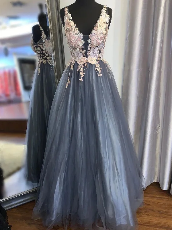 Super Sale V Neck Lace Appliques Smoke Blue Long Prom Dresses, Smoke Blue Formal Graduation Evening Dresses with Appliques