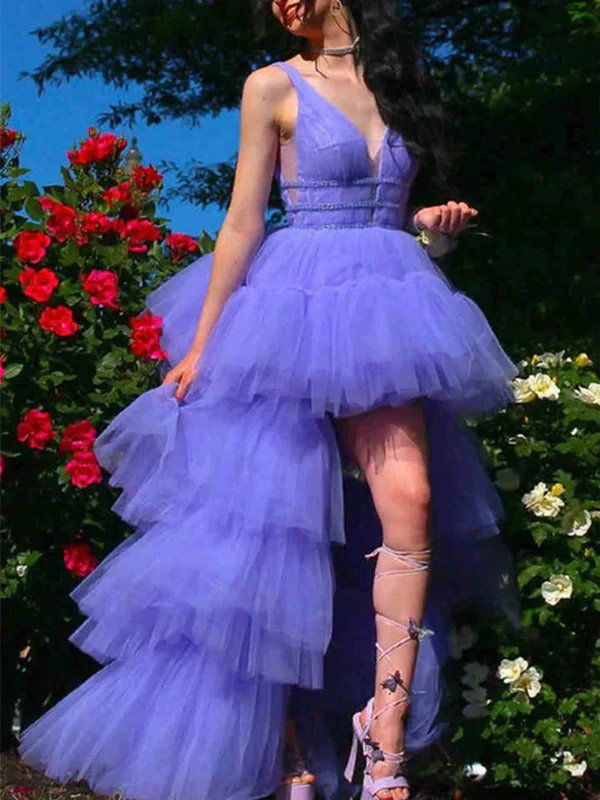 Clearance Sale High Low V Neck Lilac Tulle Layered Long Prom Dresses, High Low Purple Formal Evening Dresses SP2337 Clearance Sale High Low V Neck Lilac Tulle Layered Long Prom Dresses, High Low Purple Formal Evening Dresses SP2337