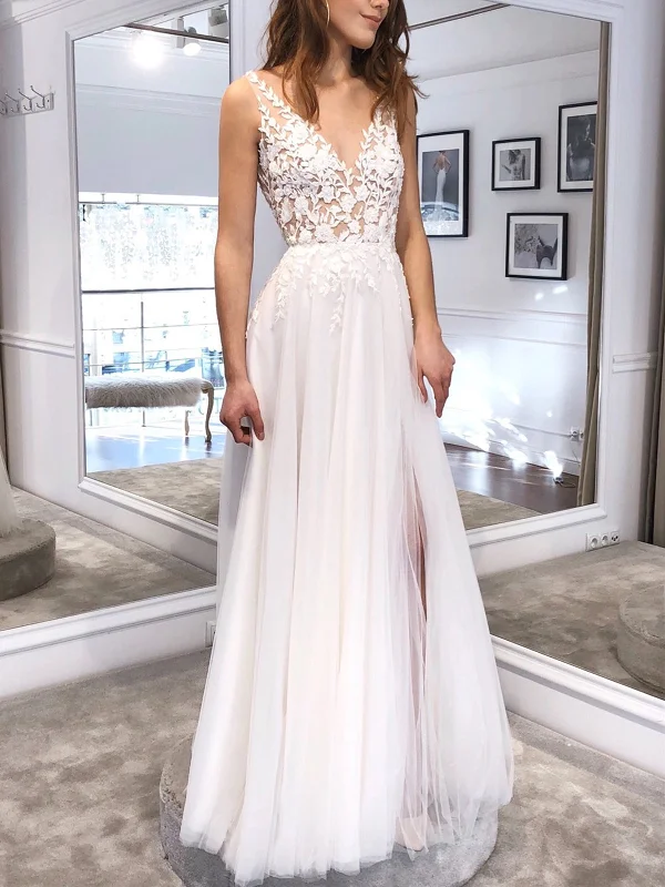 Bonus Savings A Line V Neck White Lace Long Prom Dresses, White Lace Wedding Dresses, White Formal Evening Dresses SP2159