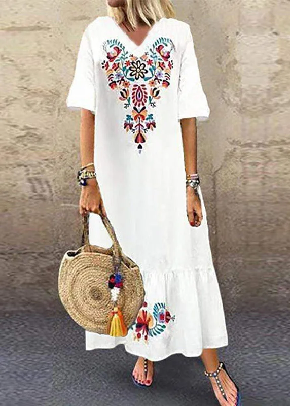 Major Savings Summer White Comfortable Print Short Sleeved Pullover Long Dress