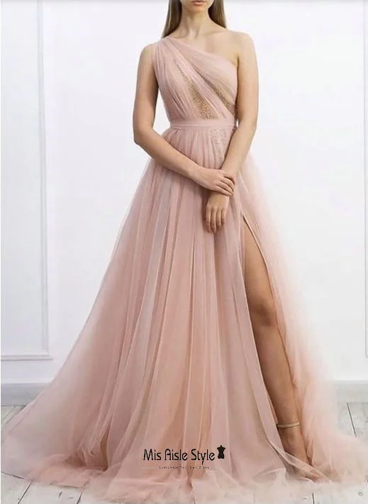 A-line dressA-line dressSexy Slit One Shoulder Blush Tulle Evening Dress