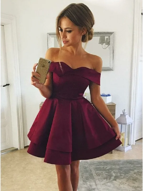 casual dresscasual dressCute Off Shoulder Layered Burgundy Short Prom Dresses, Layered Burgundy Homecoming Dresses