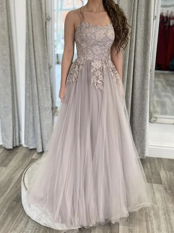 Exclusive Deal A Line Open Back Thin Strap Gray Lace Long Prom Dresses, Gray Lace Floral Formal Evening Dresses Exclusive Deal A Line Open Back Thin Strap Gray Lace Long Prom Dresses, Gray Lace Floral Formal Evening Dresses