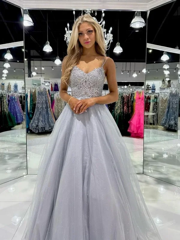 flowy evening dressflowy evening dressA Line Silver Gray Lace Long Prom Dresses, Silver Gray Lace Formal Dresses, Long Grey Evening Dresses SP3019