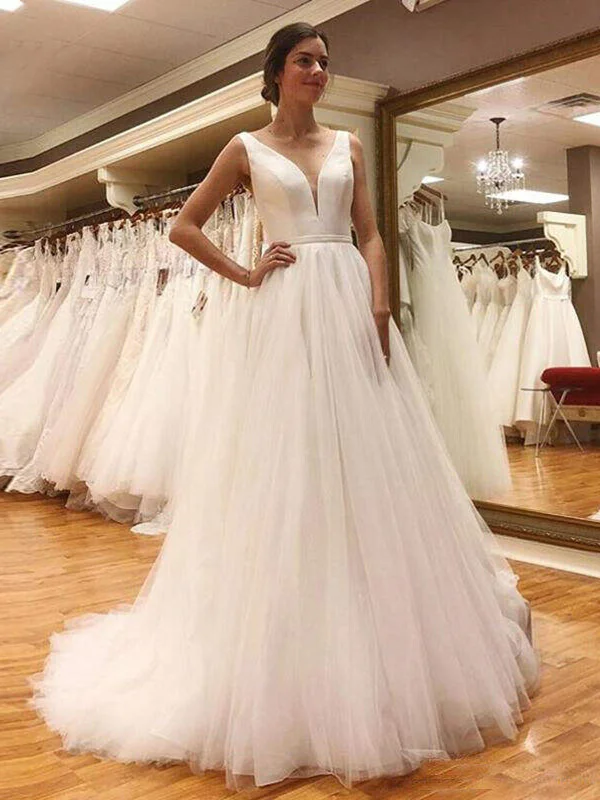 Customer Appreciation Sale Simple V Neck Open Back White Tulle Long Prom Dresses, V Neck White Wedding Dresses, White Formal Evening Dresses SP2255 Customer Appreciation Sale Simple V Neck Open Back White Tulle Long Prom Dresses, V Neck White Wedding Dresses, White Formal Evening Dresses SP2255