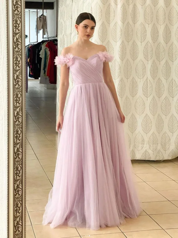 New Deals Off Shoulder Pink Tulle Long Prom Dresses, Long Pink Formal Graduation Evening Dresses SP2560