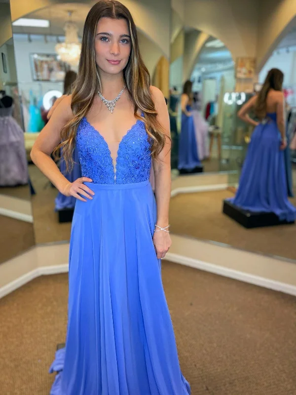 sleeveless dresssleeveless dressV Neck Open Back Blue Lace Long Prom Dresses, Blue Lace Formal Graduation Evening Dresses SP2477