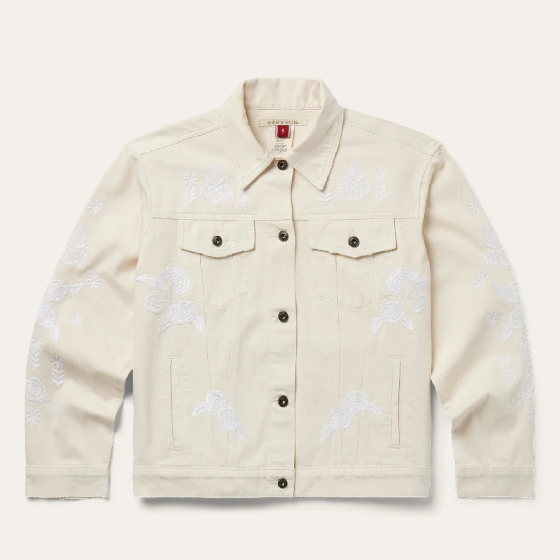 Deal Alert Embroidered Cream Denim Jacket