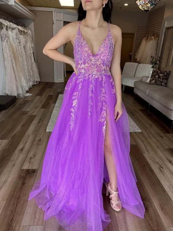 casual midi dresscasual midi dressA Line V Neck Purple Lace Long Prom Dresses, High Slit Purple Formal Dresses, Lace Evening Dresses SP3098