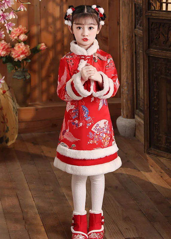 Final Clearance DIY Red Fuzzy Fur Fluffy Warm Girls Long Dress Long Sleeve