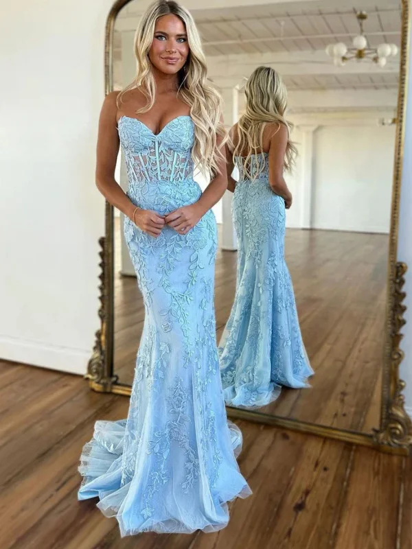 fitted dressfitted dressStrapless Mermaid Light Blue Lace Long Prom Dresses, Light Blue Lace Formal Graduation Evening Dresses SP2577