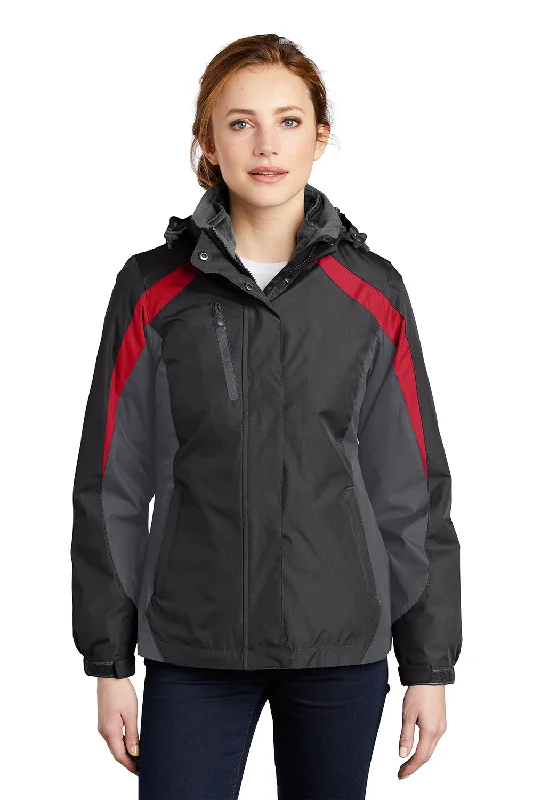 Clearance Event Port Authority Womens 3-in-1 Wind & Water Resistant Full Zip Hooded Jacket - Black/Magnet Grey/Signal Red Clearance Event Port Authority Womens 3-in-1 Wind & Water Resistant Full Zip Hooded Jacket - Black/Magnet Grey/Signal Red