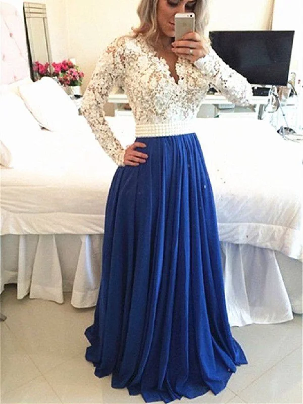 fitted dressfitted dressCustom Made A Line Long Sleeves White and Blue Lace Prom Dresses, Lace Formal Dresses