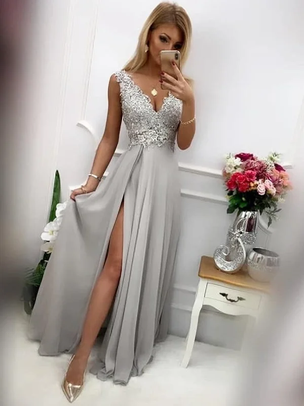 Midnight Madness V Neck Long Grey Lace Prom Dresses with Slit, Grey Lace Long Formal Graduation Evening Dresses