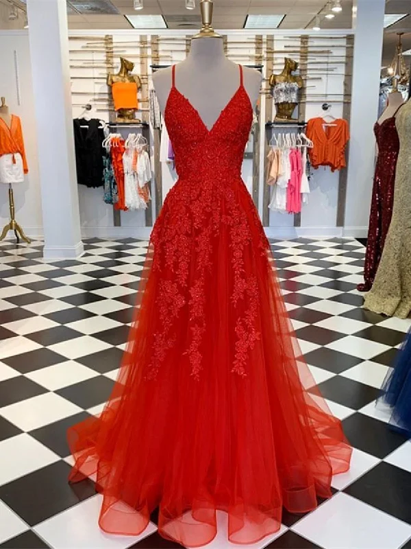 The Best Prices A Line V Neck Red Lace Long Prom Dresses, V Neck Red Formal Dresses, Red Lace Evening Dresses