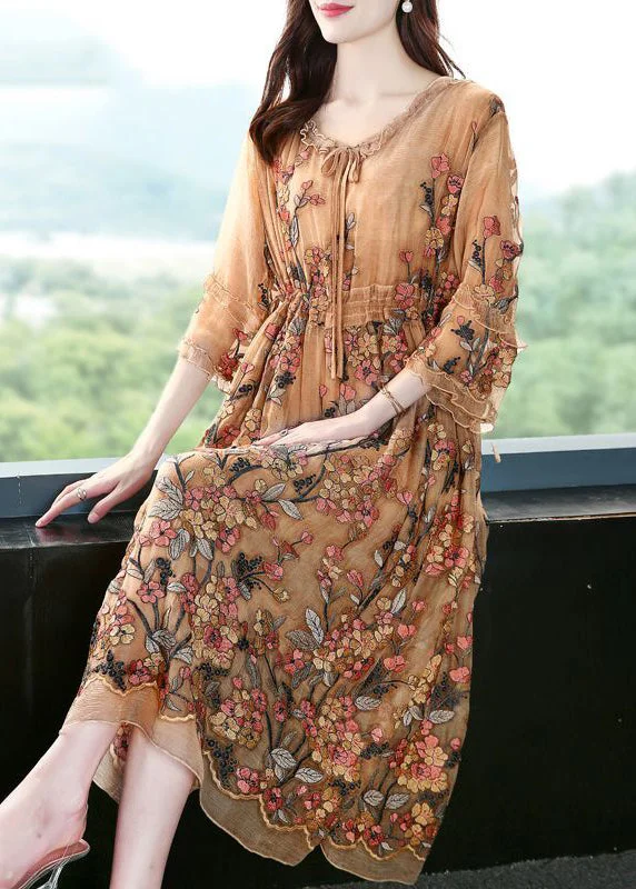 playful dressplayful dressPlus Size Khaki Embroideried Cinched Silk Maxi Dresses Bracelet Sleeve