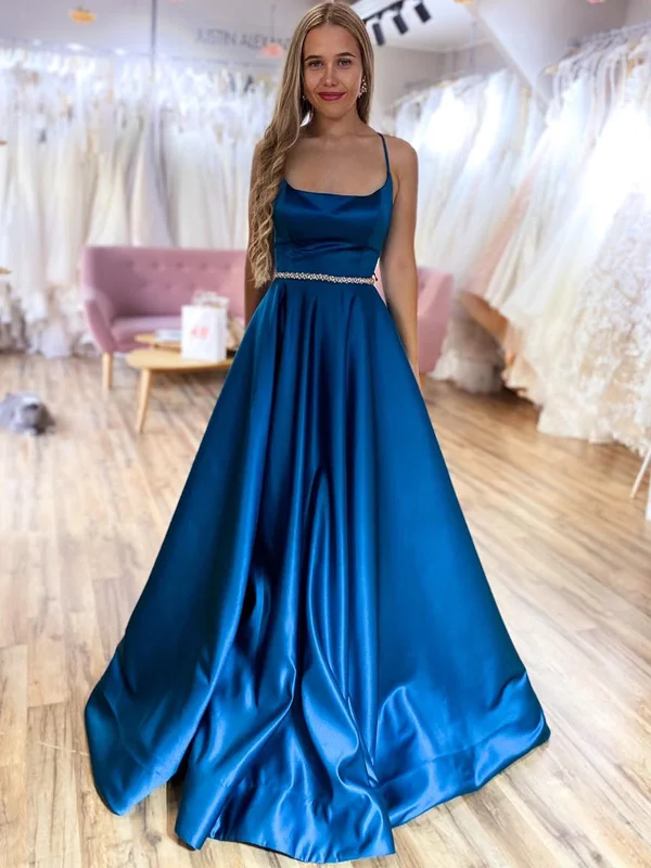 Huge Discounts A Line Backless Blue Satin Long Prom Dresses with Belt, Backless Blue Formal Graduation Evening Dresses SP2095
