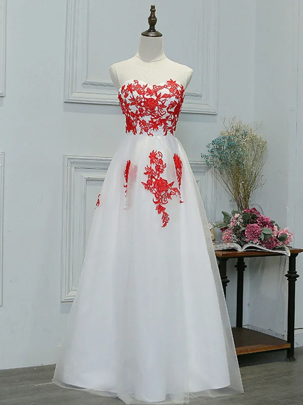 Super Sale A Line Round Neck Red Lace Appliques White Prom Dresses, Lace White Formal Dresses, Lace Appliques White Graduation Dresses Super Sale A Line Round Neck Red Lace Appliques White Prom Dresses, Lace White Formal Dresses, Lace Appliques White Graduation Dresses