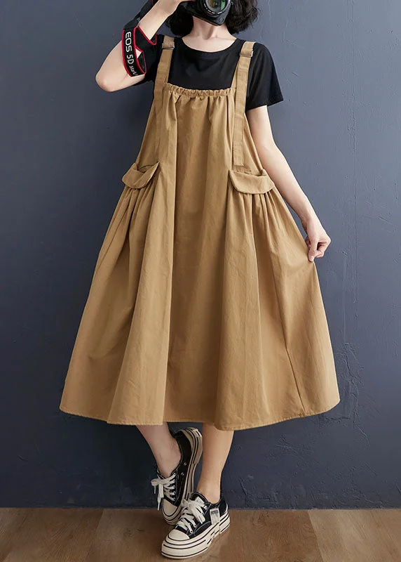 Mega Sale Elegant Khaki Oversized Pockets Cotton Strap A Line Dress Summer