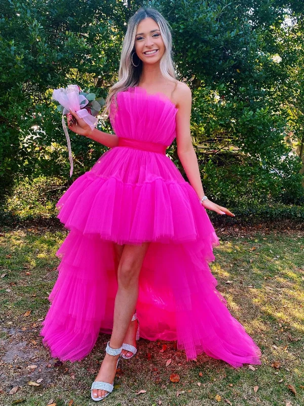 Don't Wait Strapless High Low Hot Pink Tulle Long Prom Dresses, Hot Pink Formal Graduation Evening Dresses SP2520