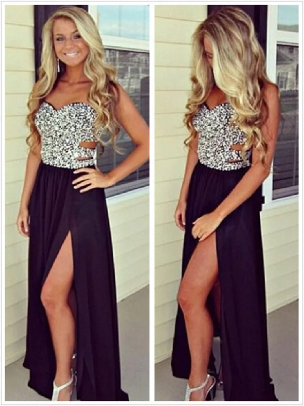 Savings Bonanza A Line Sweetheart Neck Black Rhinestone Long Prom Dresses, Black Formal Dresses