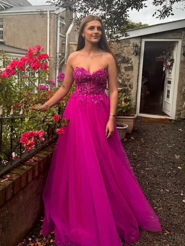 elegant dresselegant dressStrapless Fuchsia/Yellow Lace Sequins Long Prom Dresses, Fuchsia/Yellow Lace Formal Graduation Evening Dresses SP3054