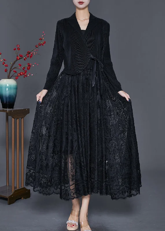 Can't Be Beat Unique Black Tie Waist Lace Patchwork Silk Velour Maxi Dresses Fall