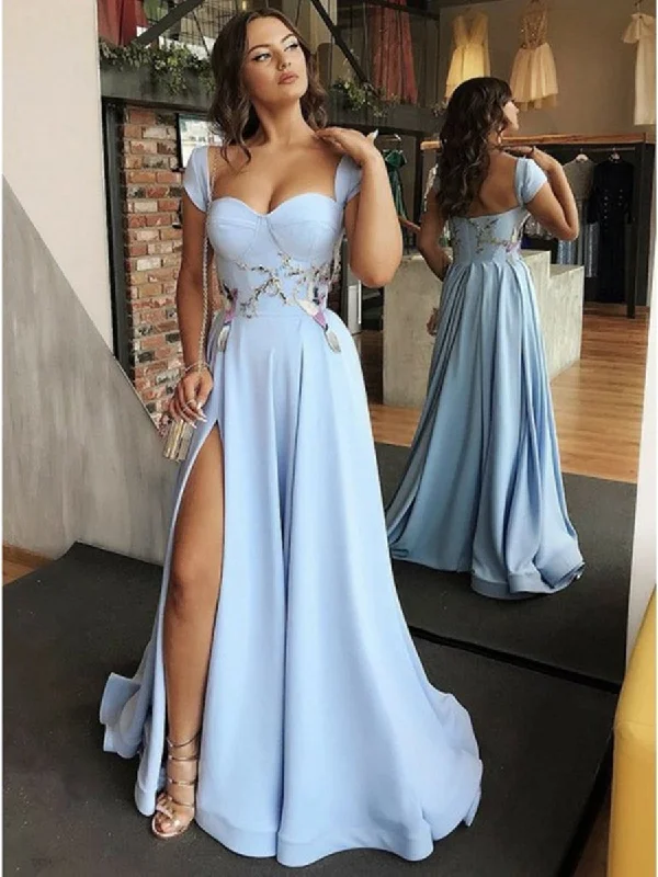 floral dressfloral dressCustom Made Cap Sleeves Light Blue Prom Dresses with Side Slit, Light Blue Long Evening Dresses, Light Blue Formal Dresses