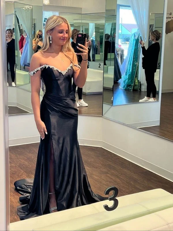 boho dressboho dressOff Shoulder Mermaid Beaded Black Satin Long Prom Dresses with Side Slit, Off the Shoulder Black Formal Graduation Evening Dresses SP3068