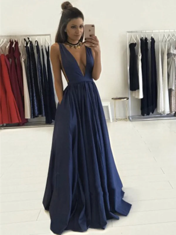 Quick Sale Custom Made Deep V Neck And V Back Dark Blue Prom Dresses, Dark Blue Formal Dresses Quick Sale Custom Made Deep V Neck And V Back Dark Blue Prom Dresses, Dark Blue Formal Dresses