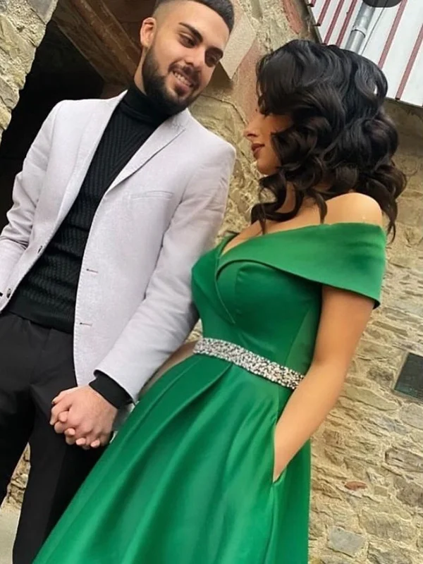Unmissable Offer Off the Shoulder Green Satin Long Prom Dresses with Belt, Off Shoulder Green Formal Graduation Evening Dresses SP2130