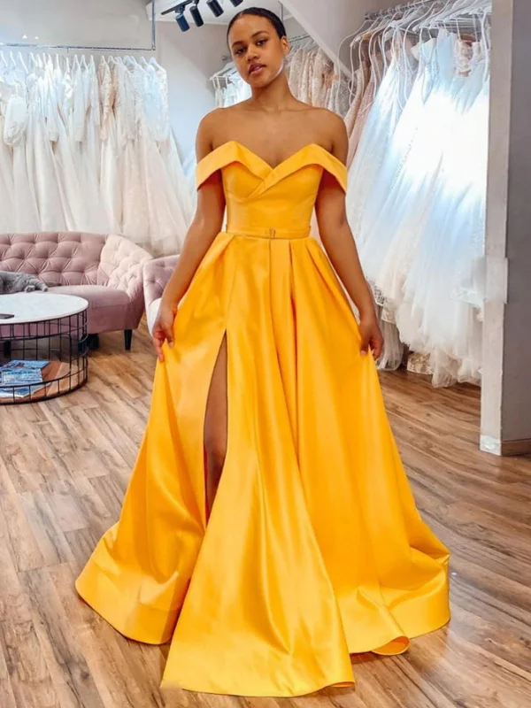 Time-Limited Offer Off Shoulder Yellow Satin Long Prom Dresses with High Slit, Off the Shoulder Yellow Formal Dresses, Yellow Evening Dresses SP2554
