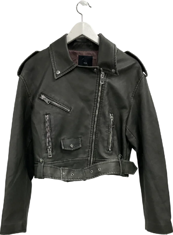 Savings Bonanza MANGO Grey Faux Leather Belted Biker Jacket UK M
