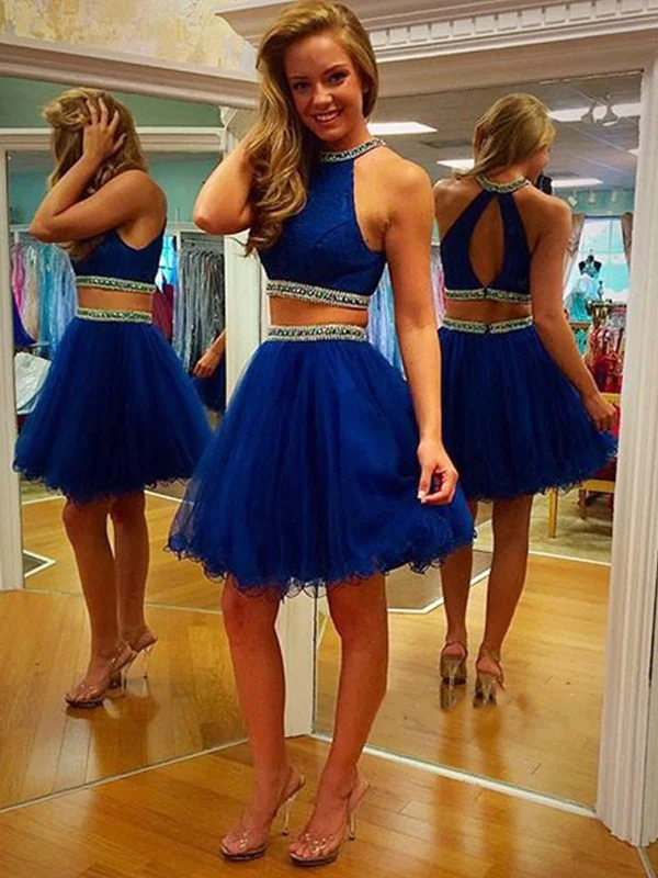 Act Now A Line Round Neck 2 Pieces Short Blue Prom Dress, 2 Pieces Short Formal Dress, Graduation Dress, Homecoming Dress