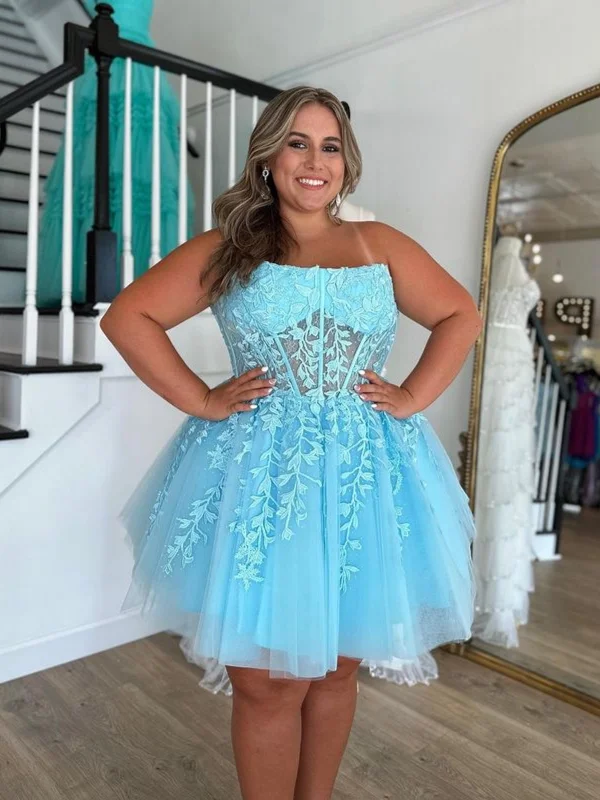 trendy bodycon dresstrendy bodycon dressStrapless Light Blue Lace Short Prom Dresses, Light Blue Lace Homecoming Dresses SP3016