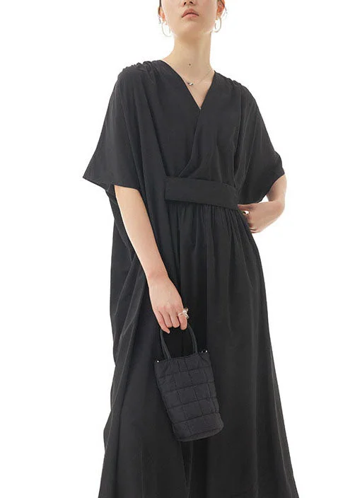 boho-chic dressboho-chic dressBlack Patchwork Cotton Long Dresses V Neck Wrinkled Summer