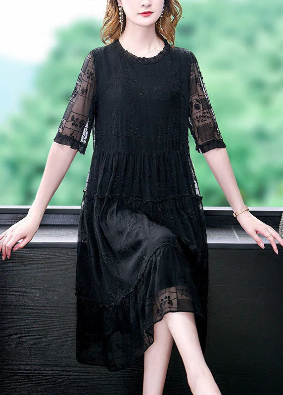 Weekend Deal Women Black O-Neck Ruffled Embroideried Silk Long Dresses Summer