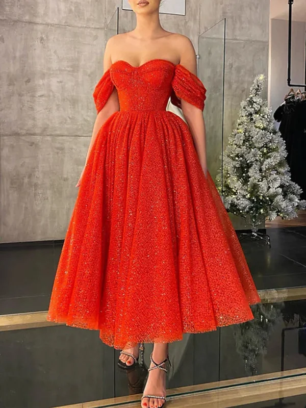 evening dressevening dressShiny Tulle Off Shoulder Red Tea Length Prom Dresses, Off the Shoulder Red Homecoming Dresses, Red Formal Evening Dresses SP2537